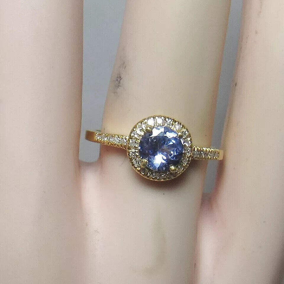 2Ct Round Cut Simulated Tanzanite Halo Engagement Ring In 14k Yellow Gold Plated