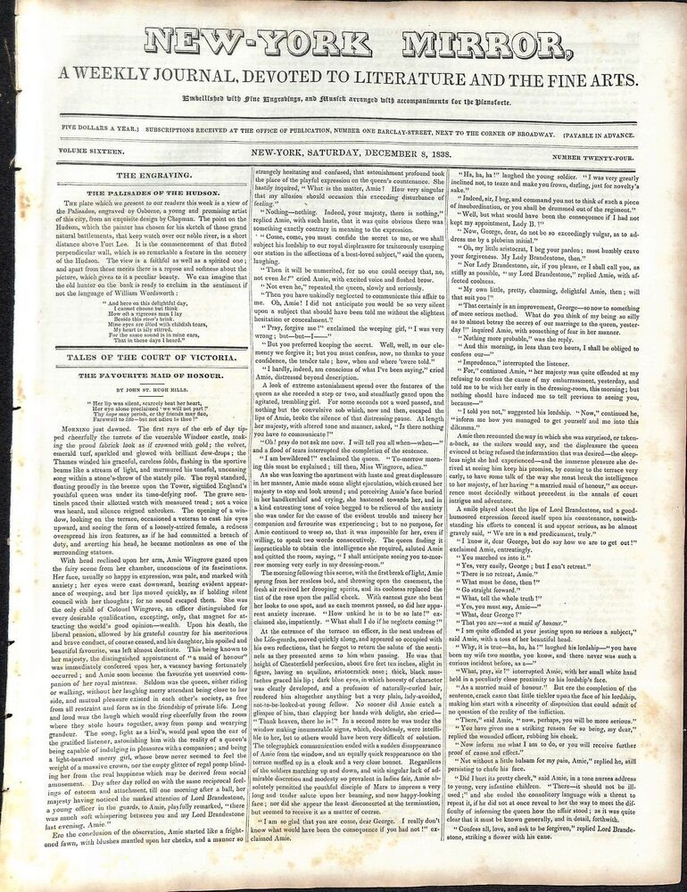 New-York Mirror Weekly Journal Literature Fine Arts Newspaper 12/8/1838