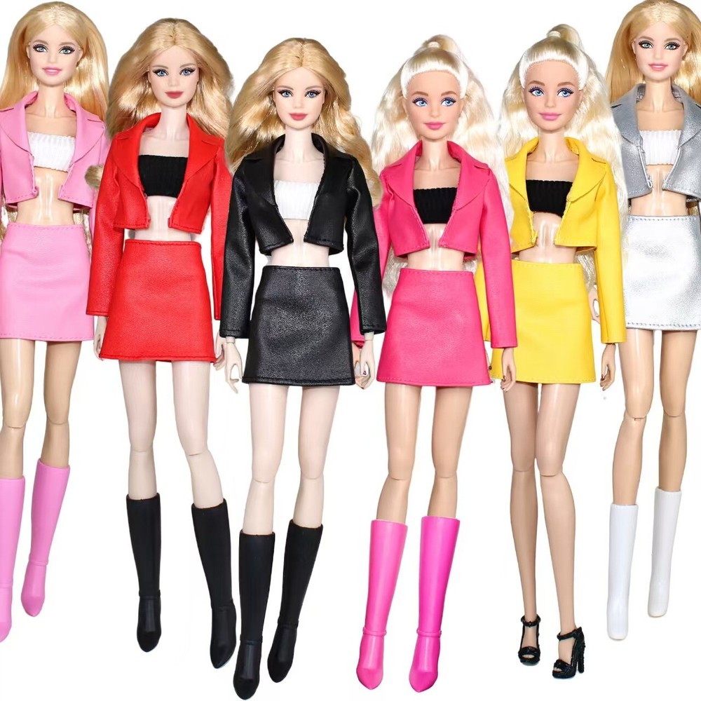 Fashion Leather 11.5inch Doll Outfits Clothes Set Coat Jacket Tank Skirt 1/6 1:6