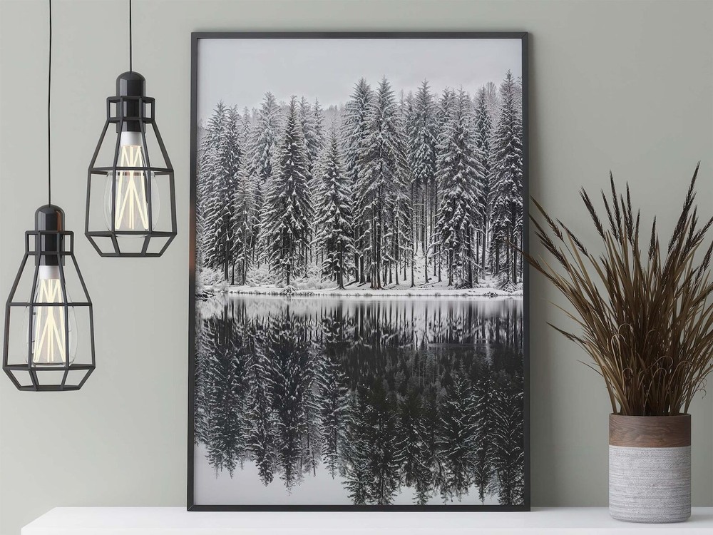 Snowy Lake In The Forest Poster Black And White Nature Photography Of A Winter
