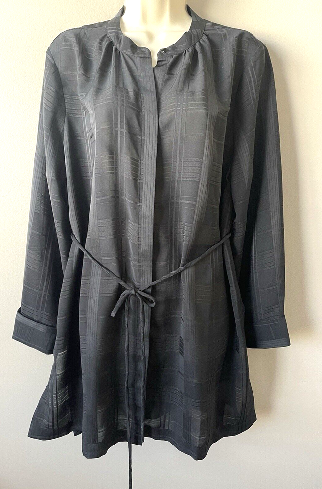 CHICOS Long Black Top Cuff Sleeve Tunic Side Slits Sz 2P (12/M) Tie Belt