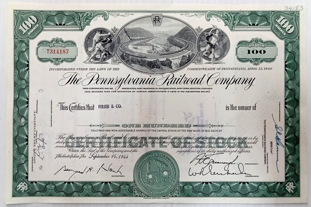 1965 Pennsylvania Railroad Company 100 Shares Stock Certificate US Vintage Collectible
