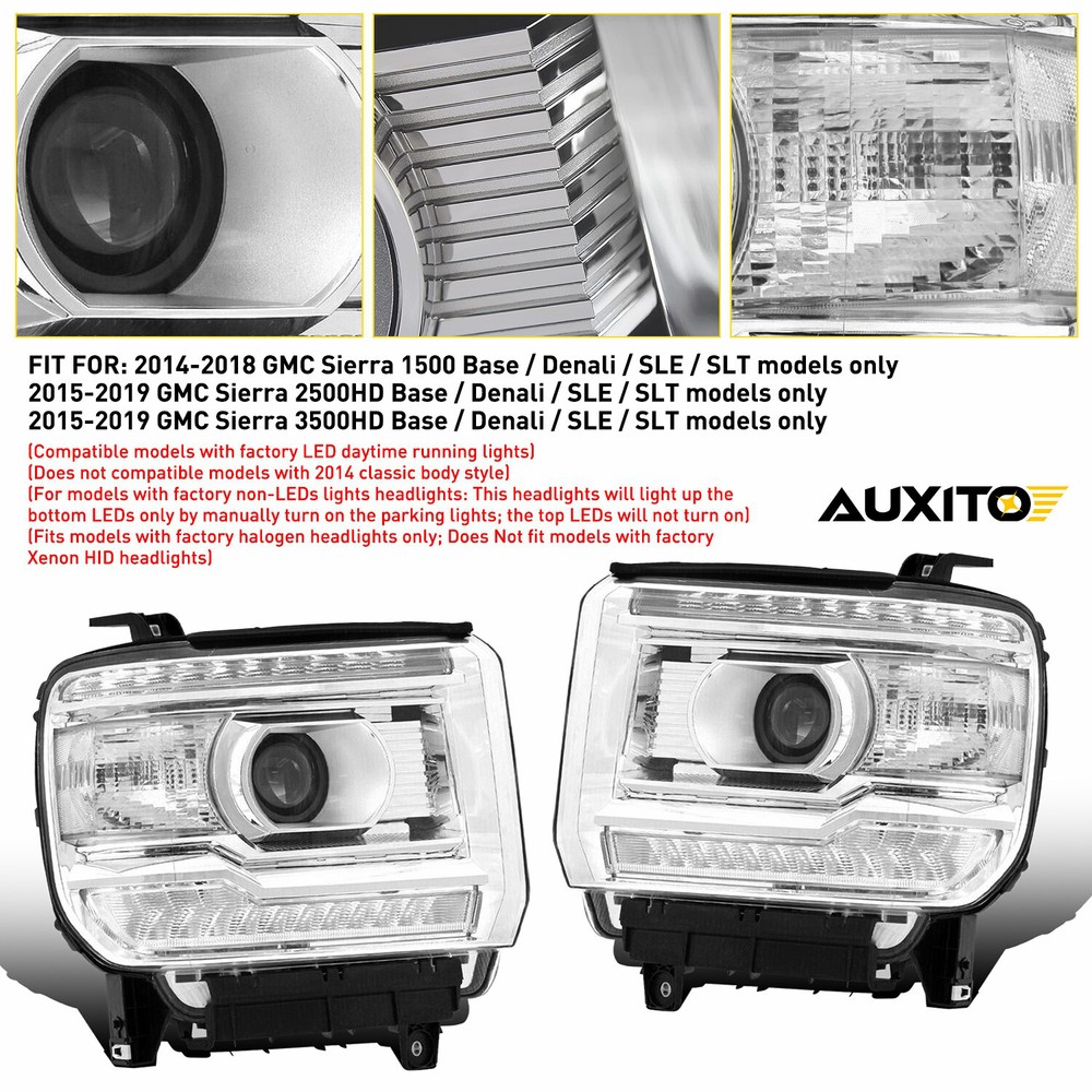 2x For 2014-2018 GMC Sierra 1500 DRL Projector Chrome Headlight Clear Reflector