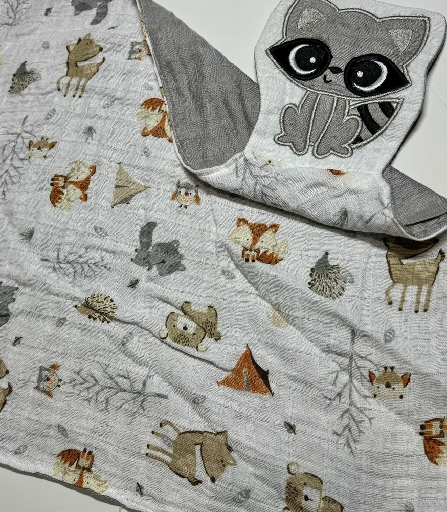 Raccoon Baby Lovey Security Blanket Appliquéd Muslin Gauze