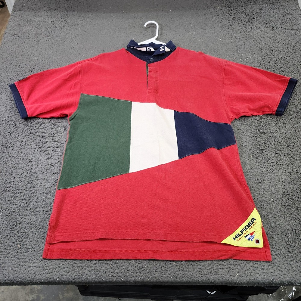 Vintage Tommy Hilfiger Sailing Gear Polo Shirt Mens XL Red Colorblock Flag 90s