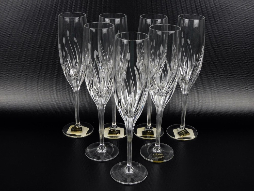 (7) New Unused Vintage Noritake Moondust Cut Crystal Fluted Champagne Glasses
