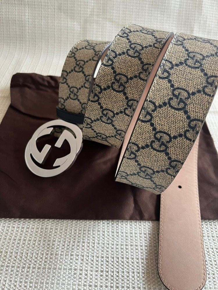 Gucci Men's GG Monogram  Supreme Beige-Blue Leather Belt Size 115 cm 40-42 Waist
