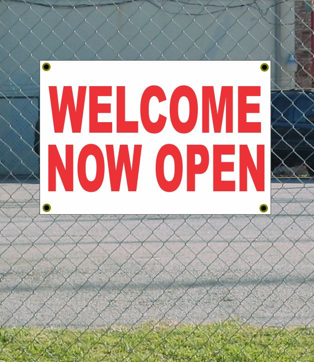 2x3 Red & White Welcome Now Open Banner Sign – Discounted Size & Price with Free Shipping