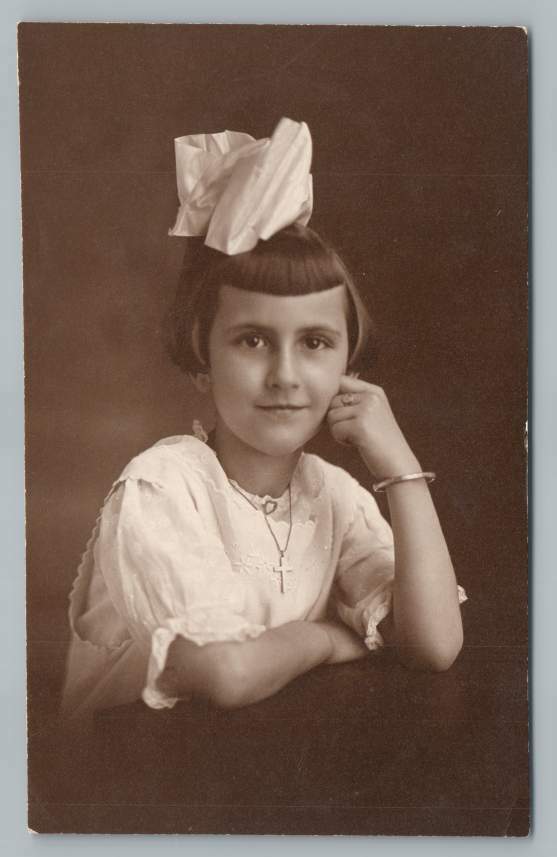 Vintage 1910 Catholic Boy Photo Postcard with Hair Bow RPPC