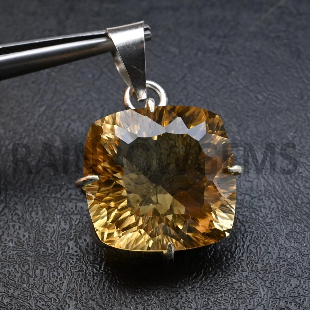35ct Natural Certified Yellow Citrine Gemstone Handmade 925 Silver Pendant