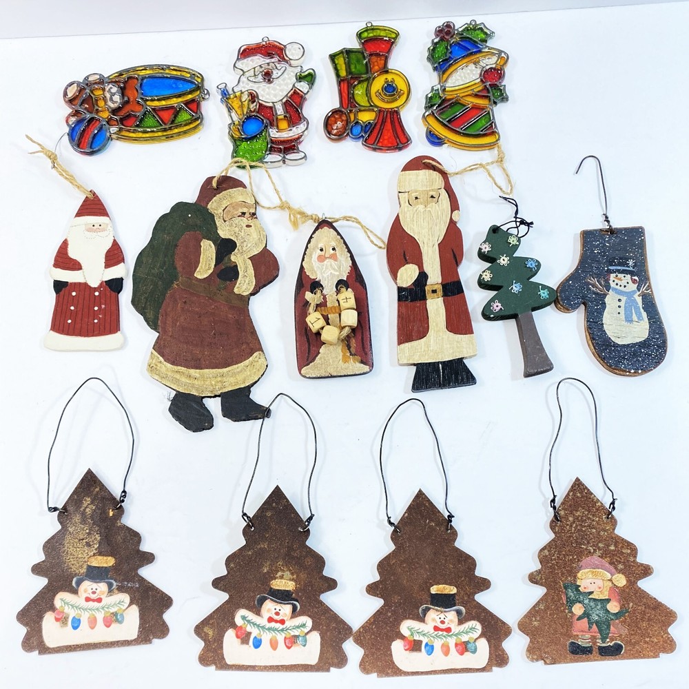 14 Vintage Rustic Santa Snowmen Christmas Ornaments Wood Metal Stained Glass