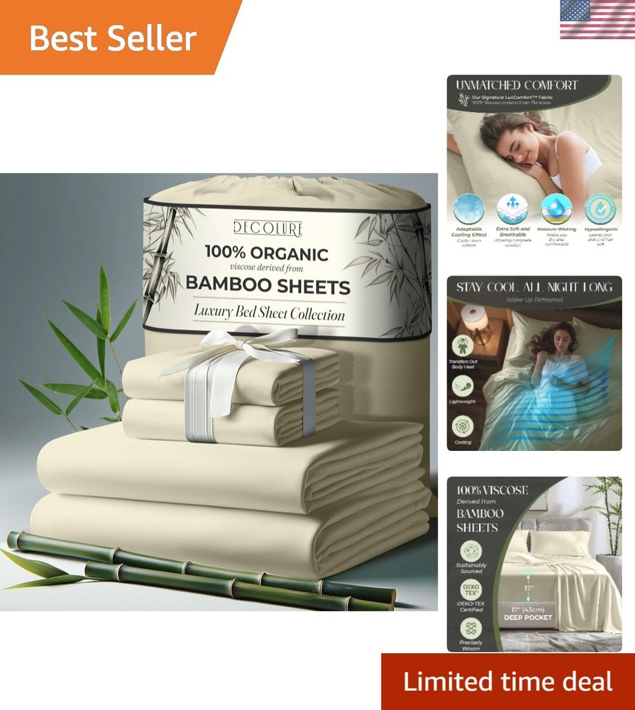 100% Organic Bamboo Viscose King Size Sheets 4pcs - Ultra Soft Breathable Hypoallergenic