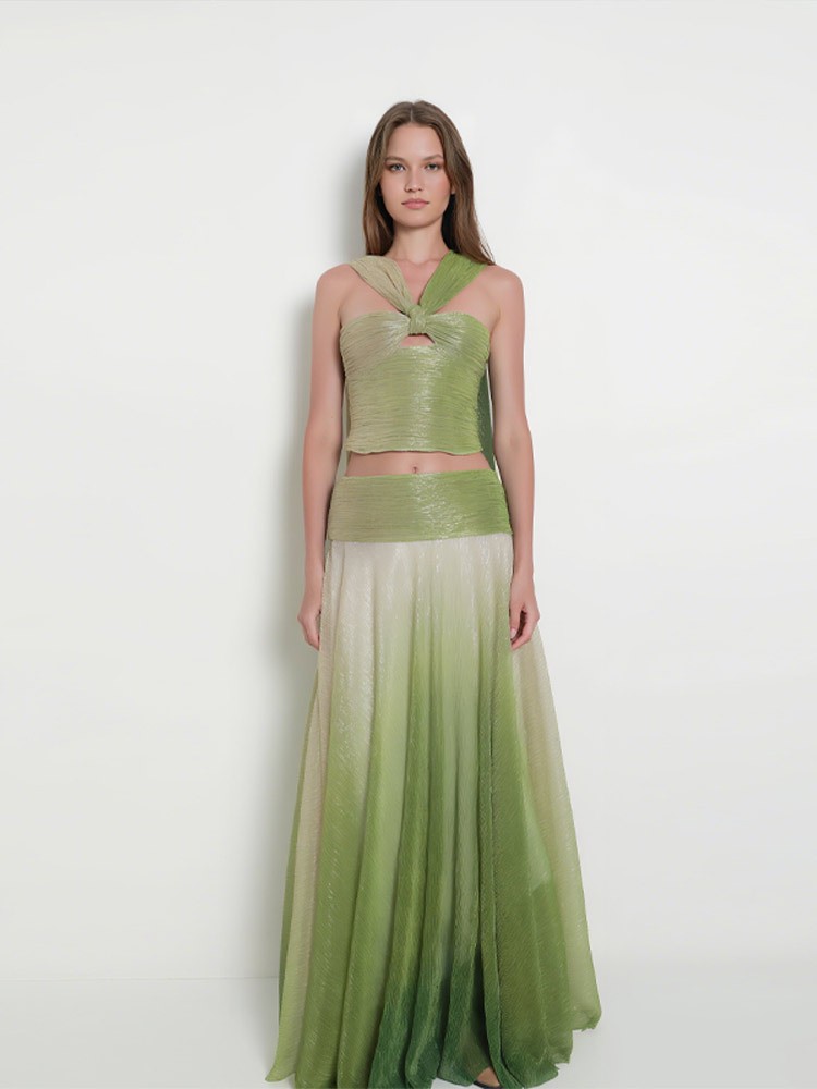 Summer fashion halter-neck top with midi skirt set