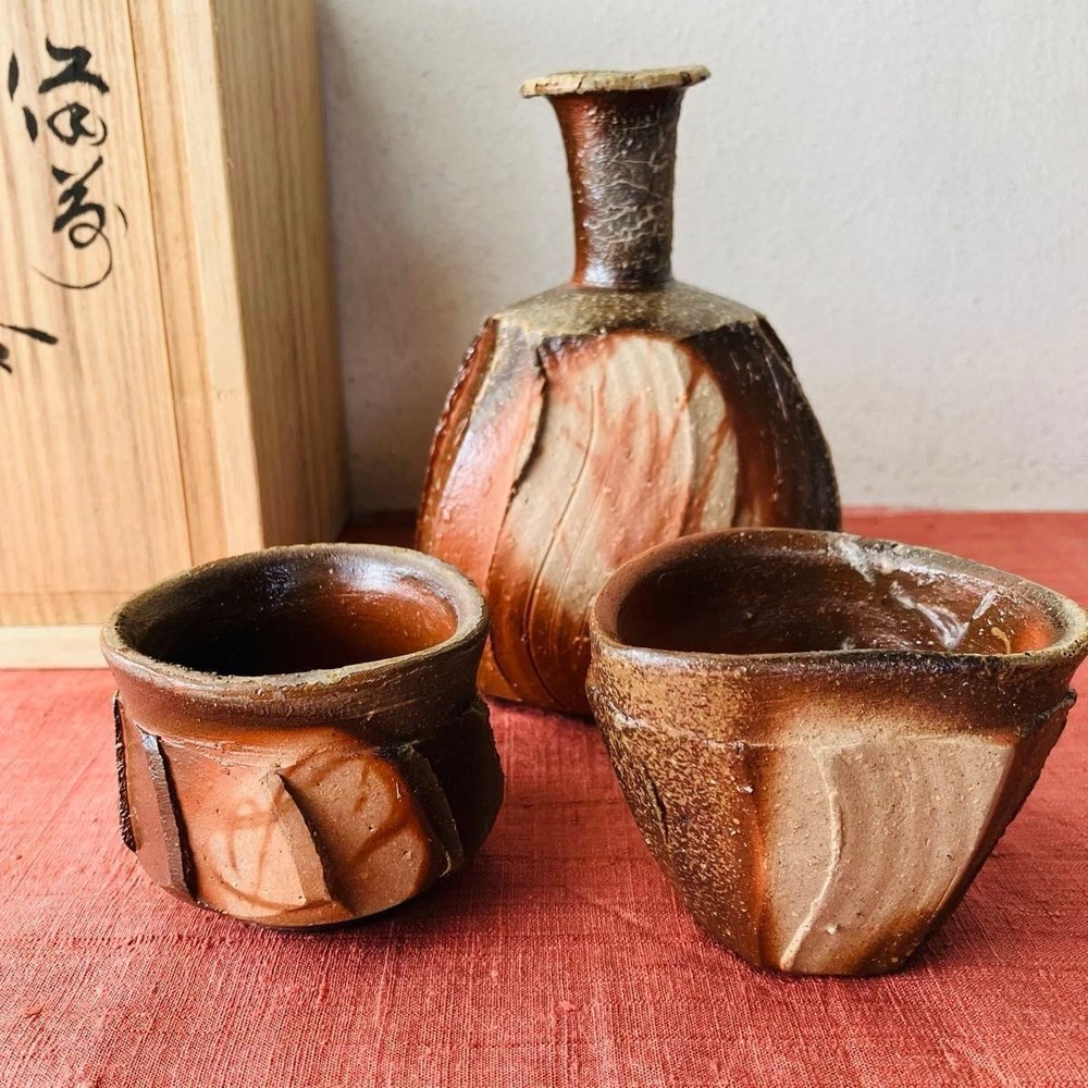 Toshiaki Shibuta Bizen Ware Sake Cup Set Tokkuri Gree Glass With Box