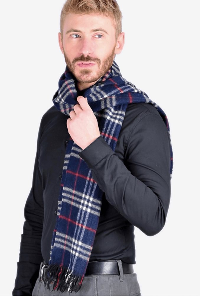 Burberry Men's Navy Blue Multicolor 100% Lambswool Plaid Fringe Wrap Scarf