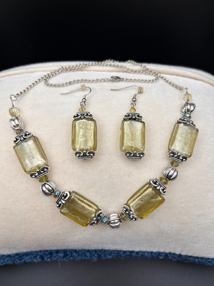Art Glass Earring Necklace Set Silver Tone and Greenish/Yellow Glass Beading