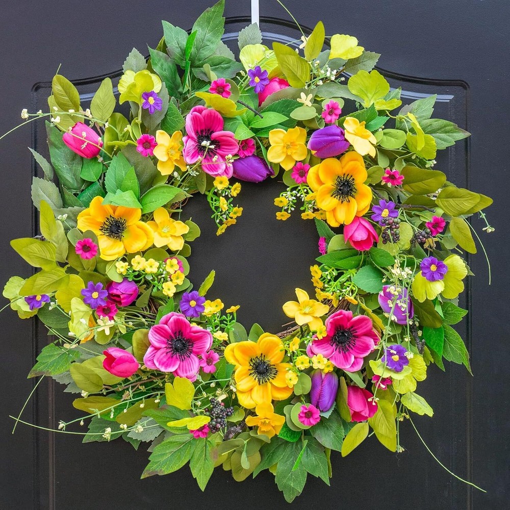 Colorful Spring Summer Floral Wreath for Front Door Yellow Decor