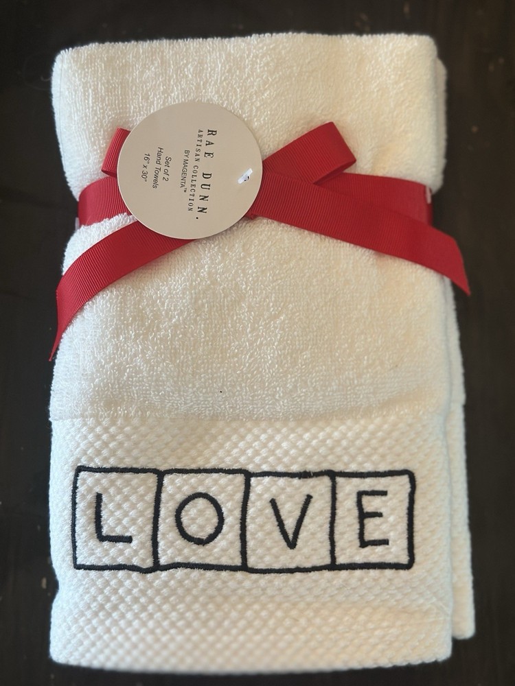 Rae Dunn Set Of Two “Love/Your My Type” Hand Towels, White With Black Writing