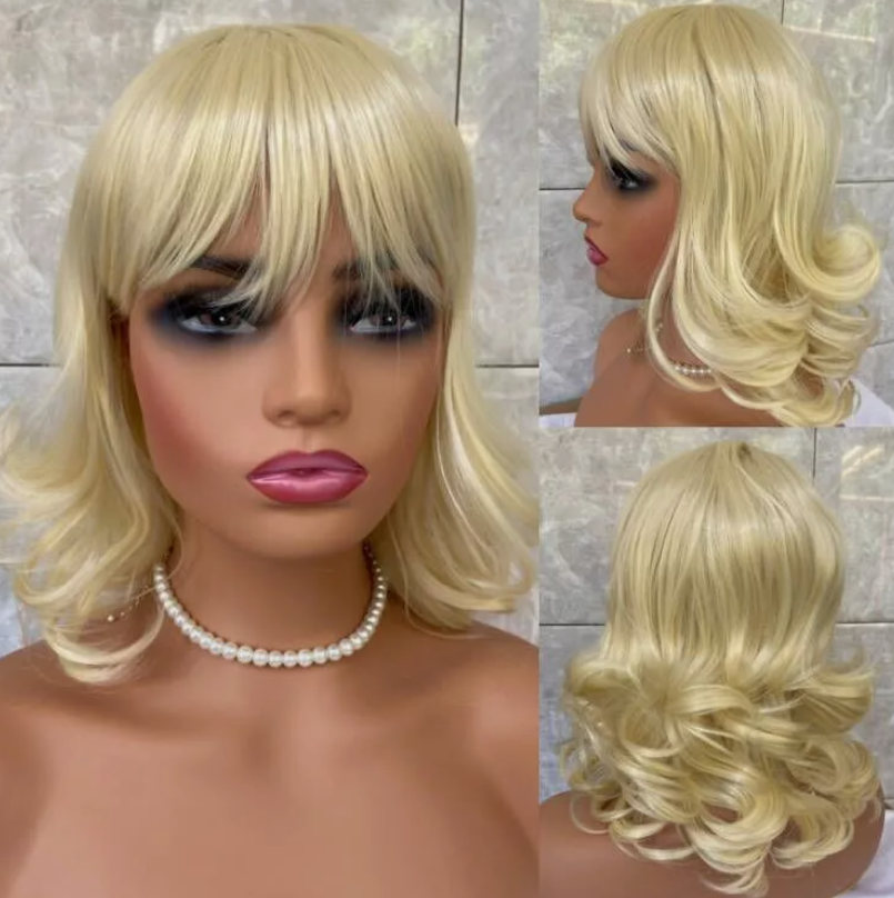 Trendy Layered Curly Blonde Wig with Bangs Synthetic Hair