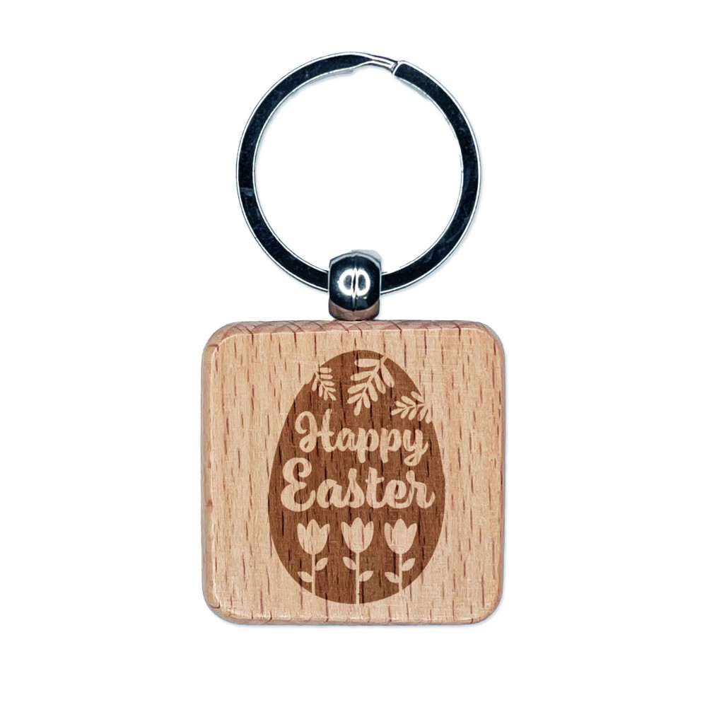 Easter Egg Floral Engraved Wooden Square Keychain Charm  