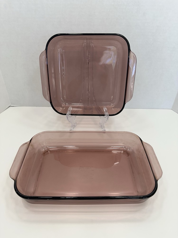 VTG Pyrex Cranberry Glass 8x8 & 11x7 Casserole Dish Set of 2