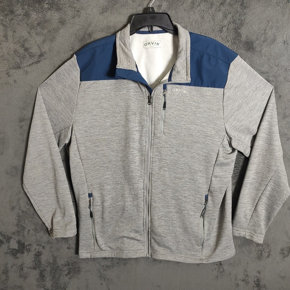Orvis Mens Fleece-Lined Outdoor Jacket in Gray Blue with Zip Pockets XL
