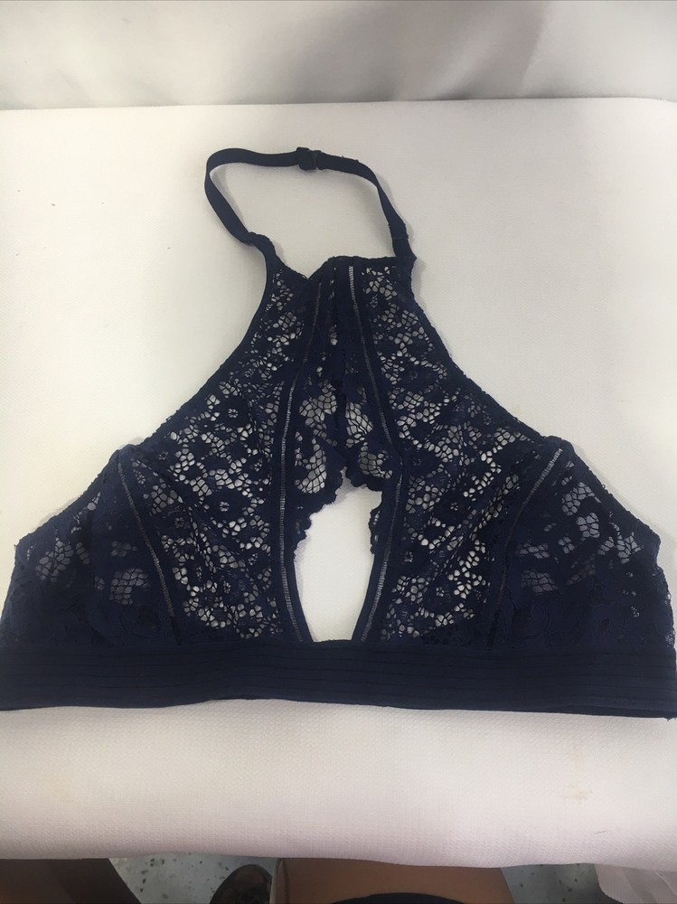Victoria Secret Lace Bralette sz M Navy Blue  Halter Wireless Bra