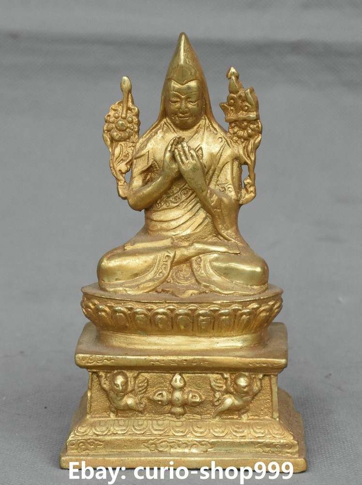 Antique Tibetan Bronze Je Tsongkhapa Guru Buddha Lotus Seat Statue
