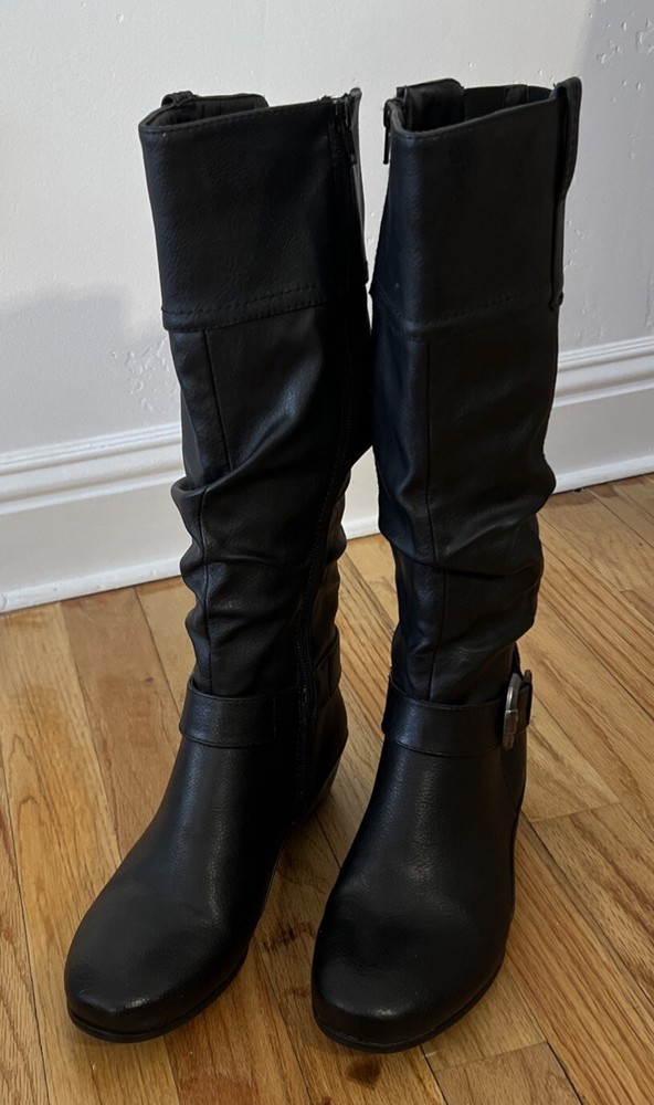 Yuu Boots Womens 7M Simona Tall Riding Black Faux Leather Knee-Hi Wedge Heels
