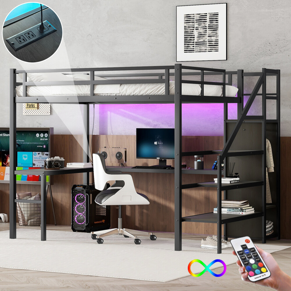 Full XL Metal Loft Bed with L-Shaped Desk, Wardrobe & Shelf-image