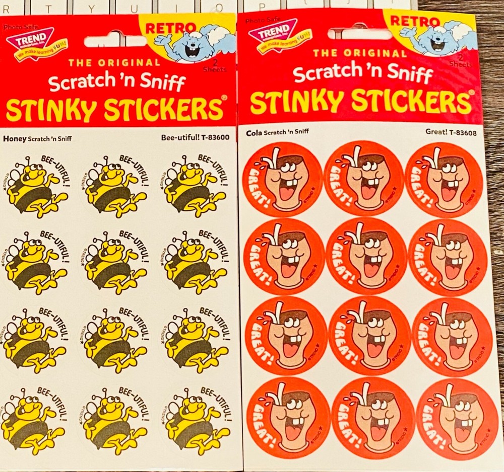 48 TREND Scratch n Sniff RETRO STINKY STICKERS Sealed, HONEY Bee + Great COLA