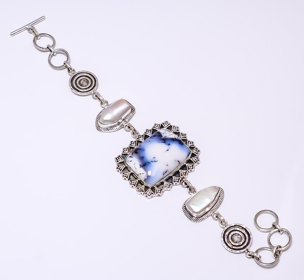 Merlinite Dendritic Opal -Brazil 925 Sterling Silver Bracelet 7-8.99