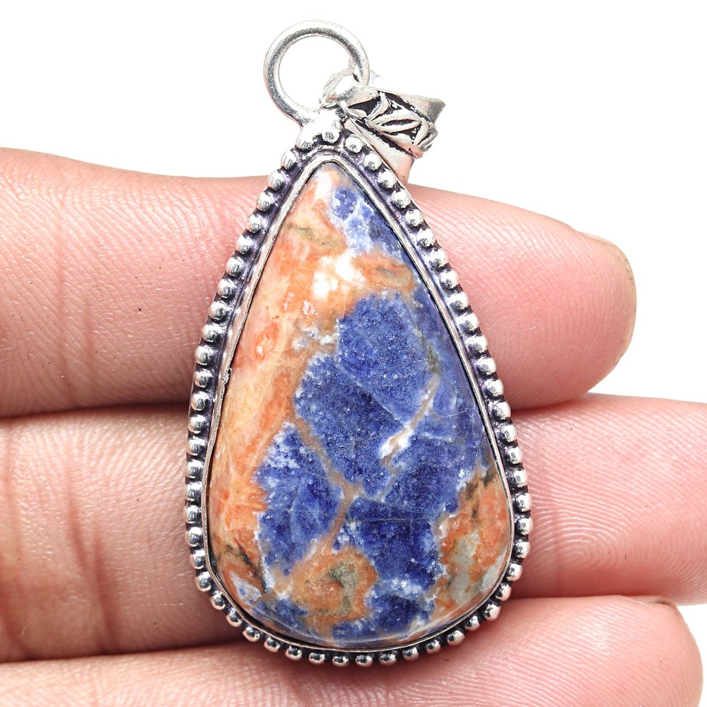 Sodalite Gemstone Pendant Silver Ethnic Jewelry for Valentine Gift 2 Inch