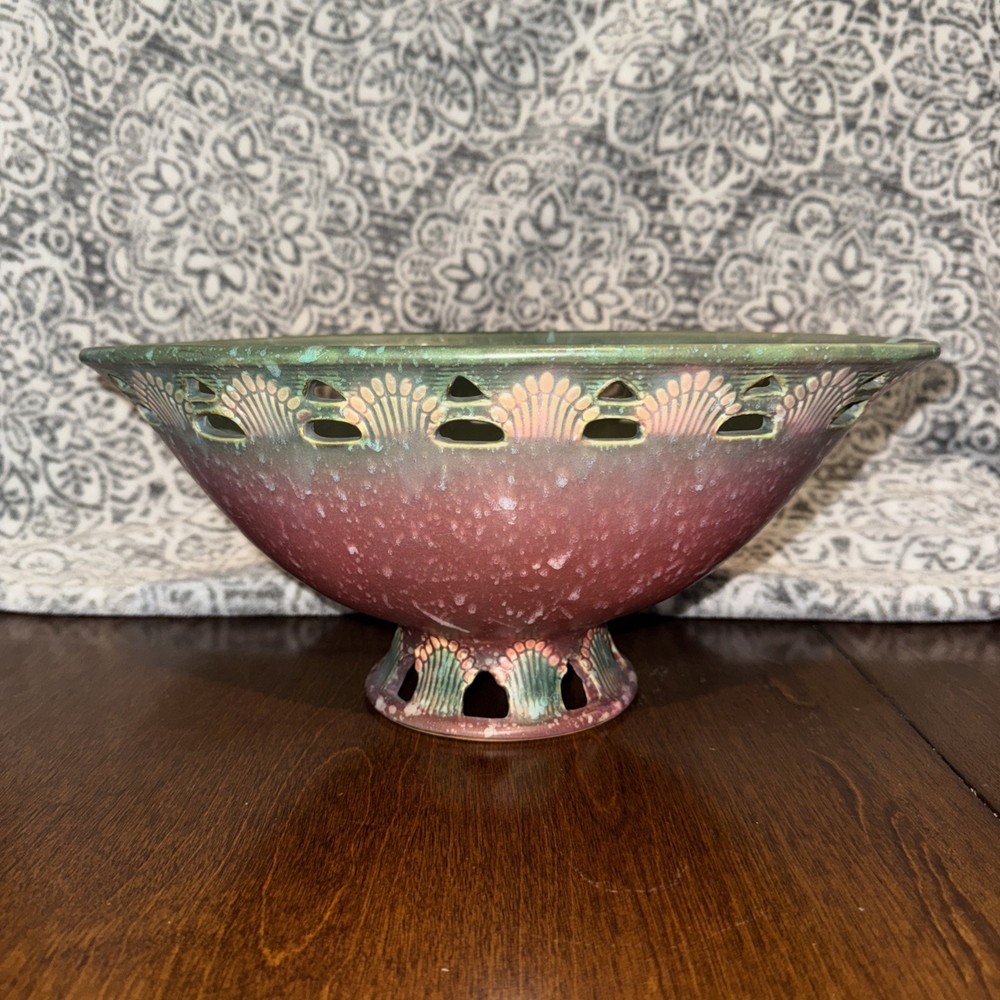Roseville-Ferella #212-13’ Mottled Raspberry Pedestal Oval Cornucopia Bowl C1930
