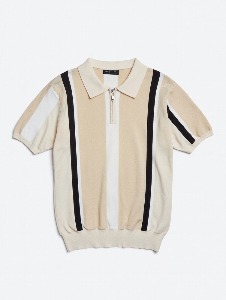 SHEIN Beige Striped Polo Shirt Men's Short Sleeve Knit Zip Collar Casual Size M