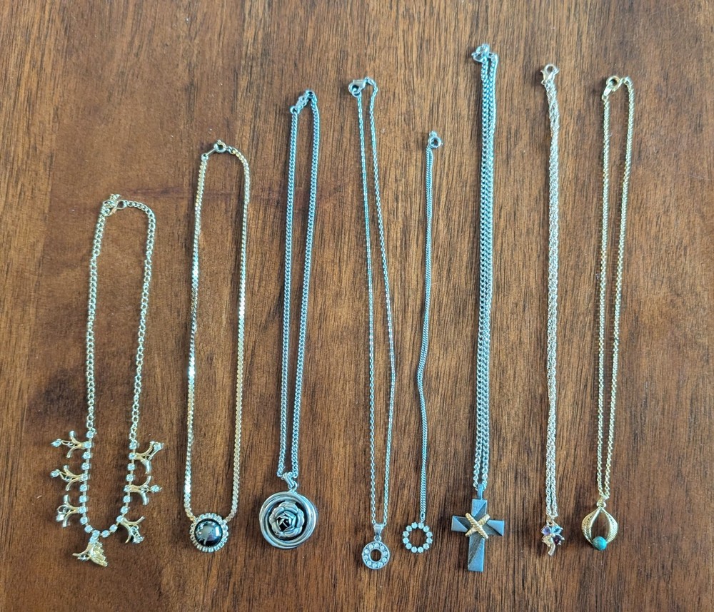 VTG Lot Of 8 Chain Necklaces W/Pendants Various Rhinestones, Hematite & More J4