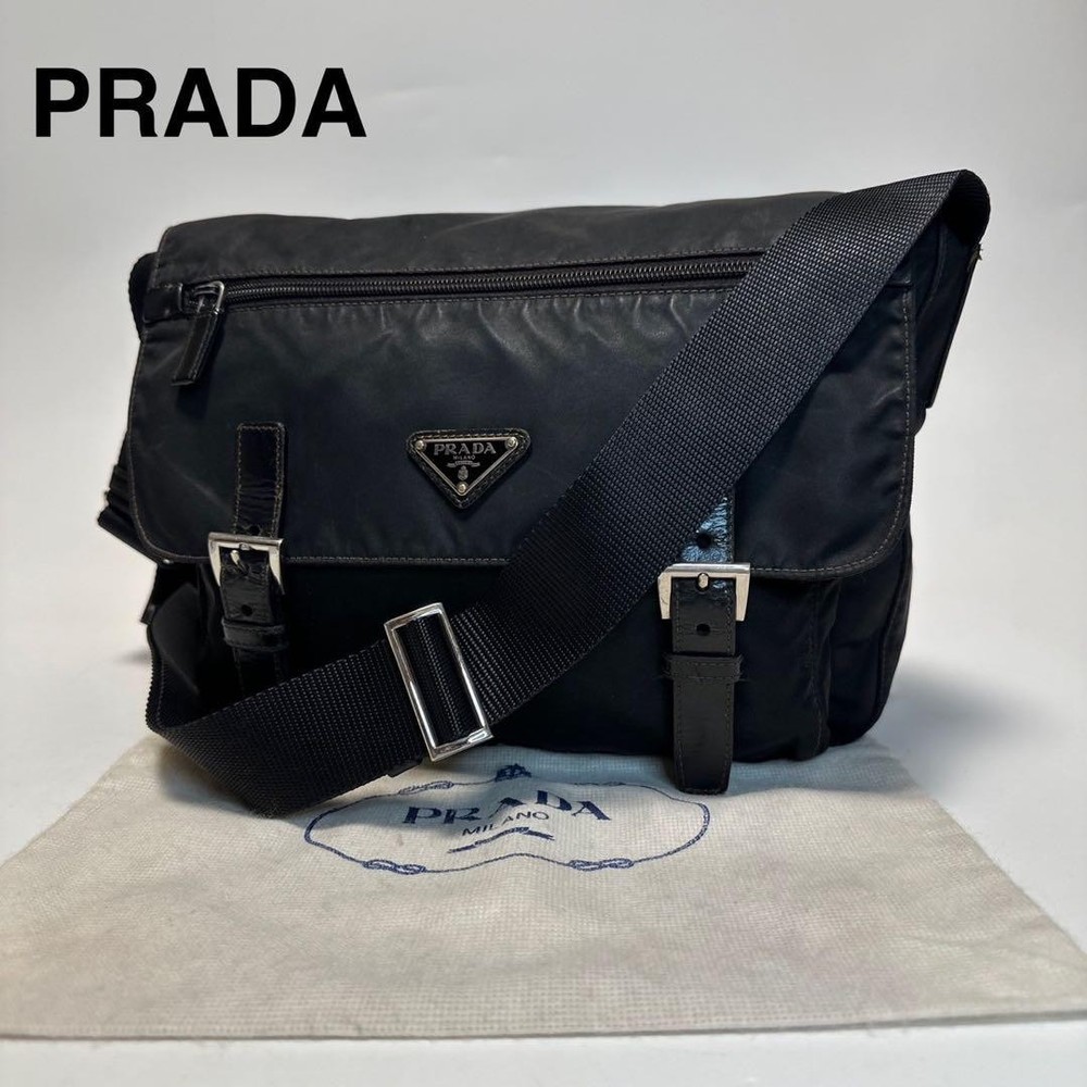 Prada Black Nylon Leather Logo Messenger Bag J46