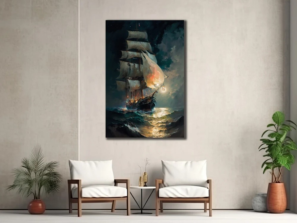 Ship In Night Sea Waves & Sky Painting Unframed Canvas Print Australian Wall Art