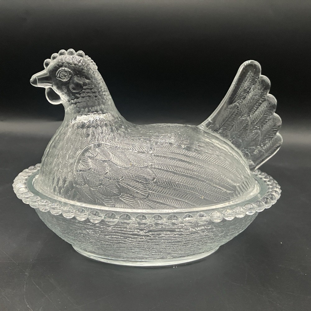 Vintage Indiana Glass Clear Hen On Nest Covered Candy Dish Beaded Rim READ