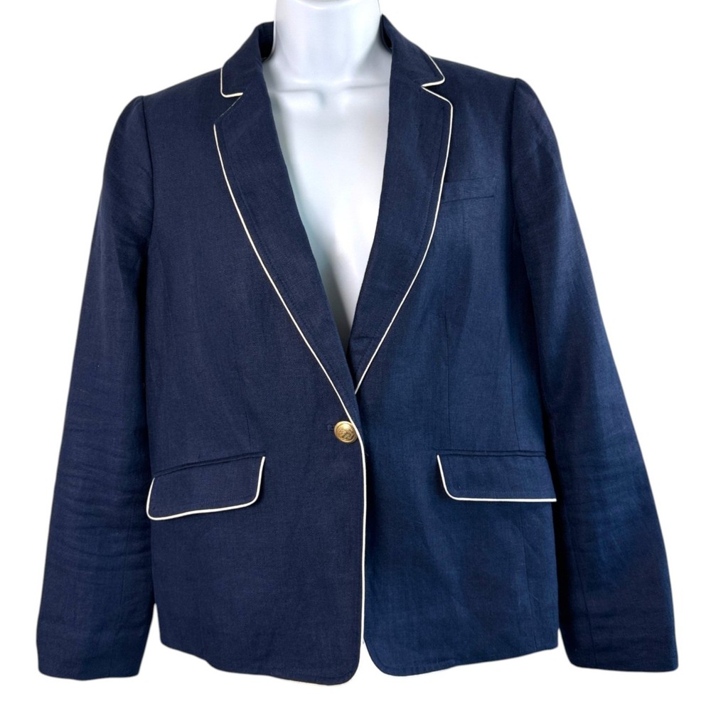 Talbots Womens Linen Blazer Navy Sz 8P Coastal Preppy Hamptons Style Quiet Luxe