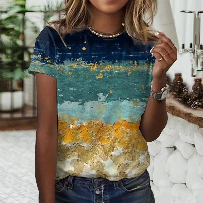 Women's Top Star 3D Print Abstract Painting Round Neck Short Sleeve Casual Top