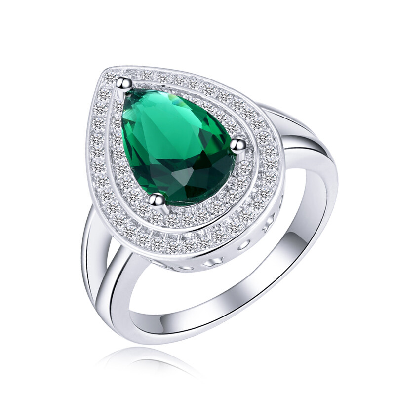 Silver Plated Green Water Drop CZ Wedding Ring for Women