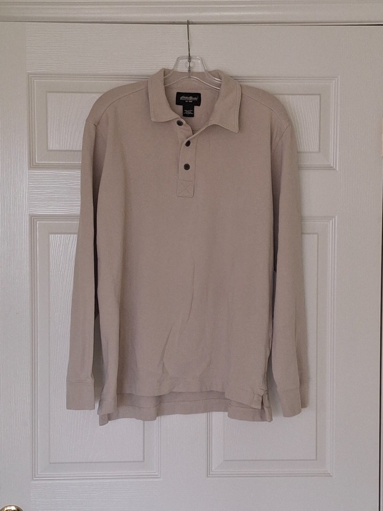 Eddie Bauer Men's Large Tan 3/4 Sleeve Cotton Button-Down Collared Shirt