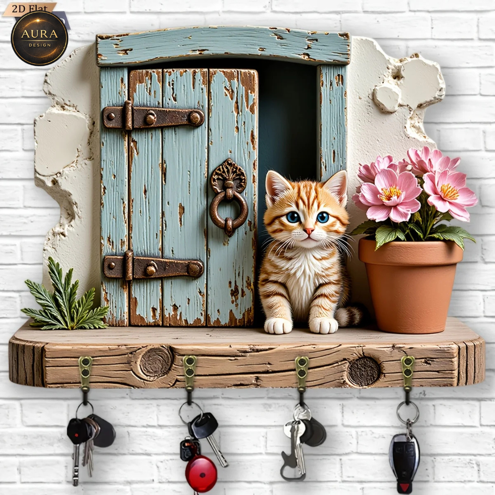 Wall Keychain 30cm - Cat Holder Organizer 2D 4 Hooks Entrance
