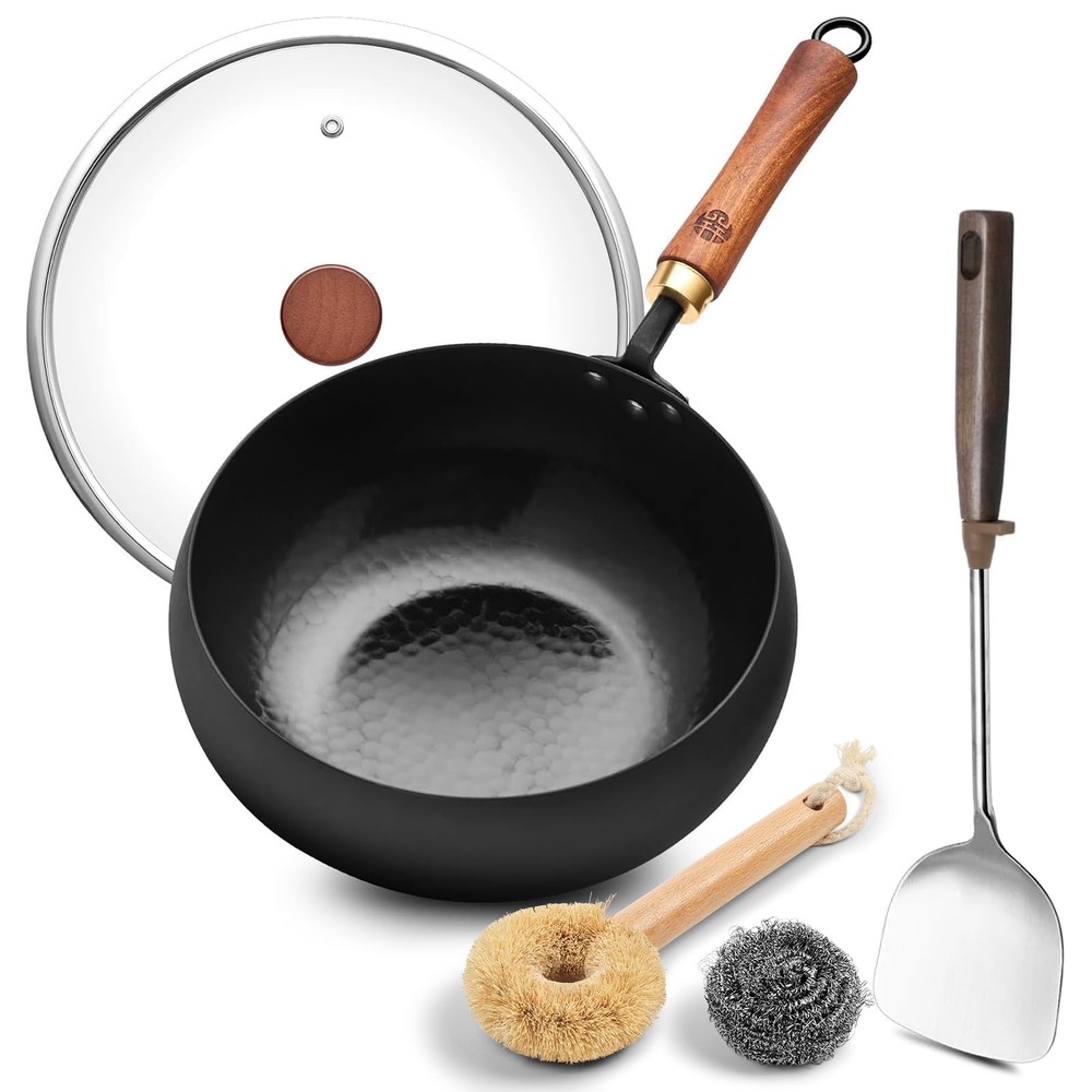 9.5-Inch Wok Pan with Lid – Handmade Round Cooking Wok, Deep Frying Pan with ...