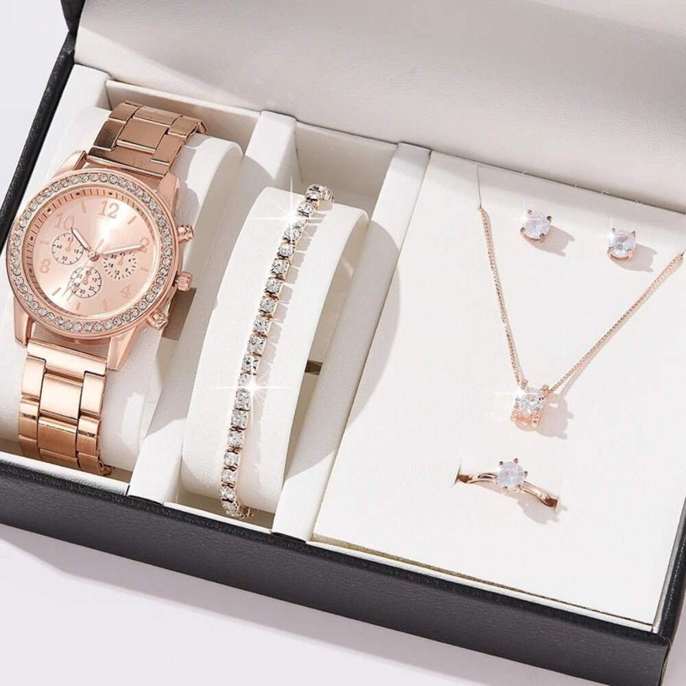 Stylish Women's Quartz Watch Set with Steel Strap, Earrings, Necklace, Ring, and