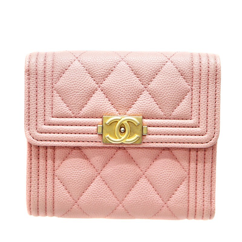Authentic Chanel Boy Caviar Leather Pink Trifold Wallet with Box