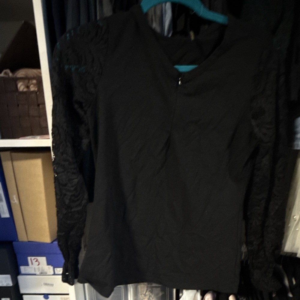 Donna Karan New York Black Lace Zip V-Neck Long Sleeve Blouse Size M