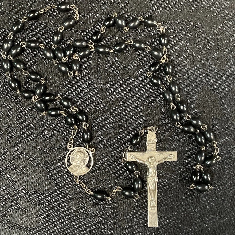 Vintage AFCO Sterling Silver Black Beaded 19 Inch Religious Crucifix Rosary Necklace