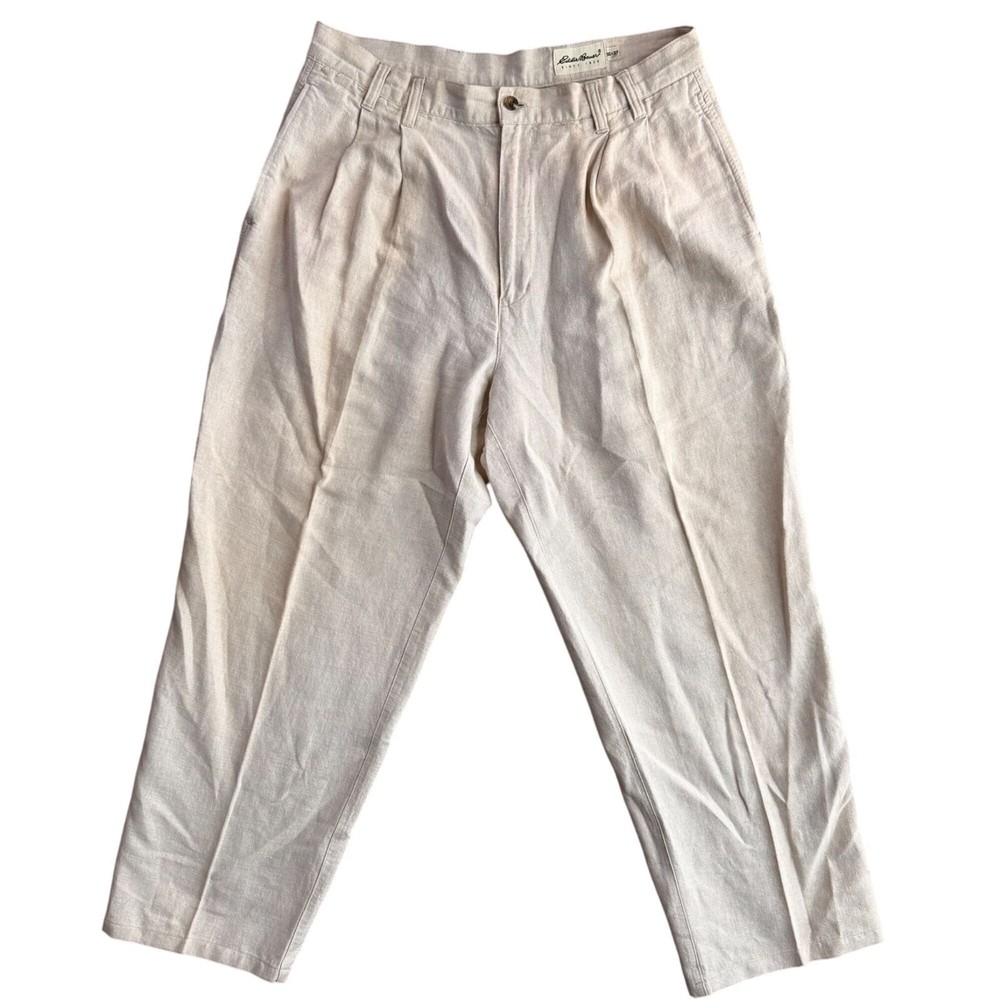 Vintage Eddie Bauer Mens Pants Linen Cotton Pleated Y2K Size 36x32 Beige 90s